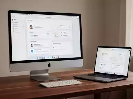 Moderner, minimalistischer Mac-Arbeitsplatz auf einem Holztisch mit klarer Bildschirmoberfläche für Produktivität. - Foto: über boerse-global.de