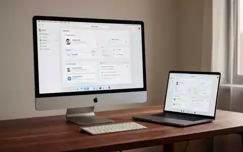 Moderner, minimalistischer Mac-Arbeitsplatz auf einem Holztisch mit klarer Bildschirmoberfläche für Produktivität. - Foto: über boerse-global.de