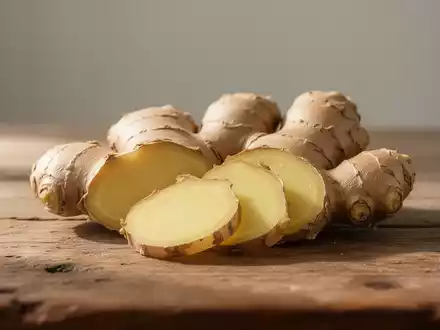 Frische Ingwerknollen auf einem Holztisch bei natürlichem Licht. - Foto: über boerse-global.de