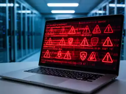 Laptop-Bildschirm mit digitalen Warnsymbolen und Code, der Cybersicherheitsbedrohungen und Malware-Verteilung darstellt. - Foto: über boerse-global.de