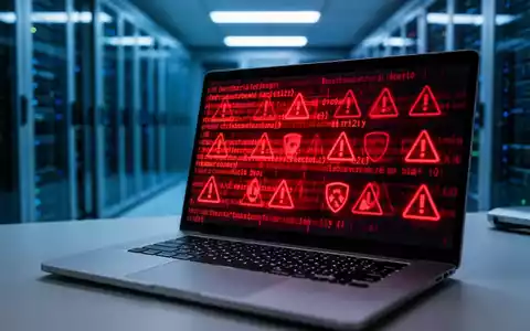 Laptop-Bildschirm mit digitalen Warnsymbolen und Code, der Cybersicherheitsbedrohungen und Malware-Verteilung darstellt. - Foto: über boerse-global.de