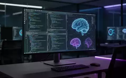 Ein moderner Arbeitsplatz mit komplexem Programmcode auf einem Bildschirm und abstrakten KI-Datenvisualisierungen. - Foto: über boerse-global.de