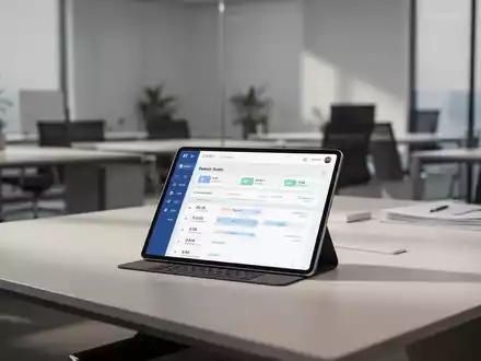 Digitales Tablet mit Zeiterfassungs-App auf einem modernen Büroschreibtisch zur Visualisierung der Arbeitszeitdokumentation. - Foto: über boerse-global.de