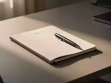 Minimalistischer Schreibtisch mit Notizbuch und Stift in weichem, natürlichem Licht als Symbol für Fokus und Selbstreflexion. - Foto: über boerse-global.de