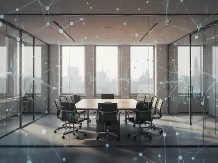 Modernes Bürointerieur mit abstrakter digitaler Datenvisualisierung zur KI-Regulierung. - Foto: über boerse-global.de