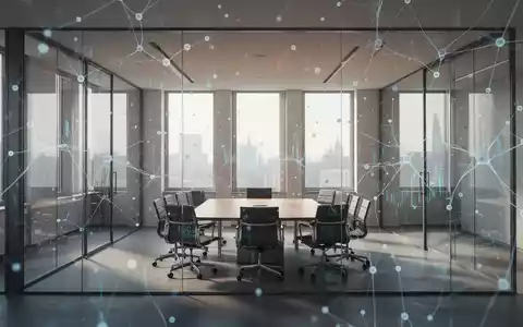 Modernes Bürointerieur mit abstrakter digitaler Datenvisualisierung zur KI-Regulierung. - Foto: über boerse-global.de