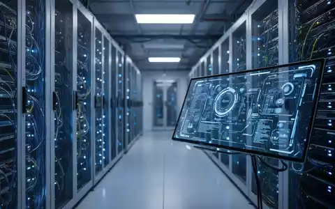 Moderne Serveranlage mit leuchtenden Datenkabeln und digitaler Benutzeroberfläche in einem technologischen Umfeld. - Foto: über boerse-global.de
