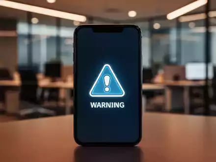Ein Smartphone-Bildschirm zeigt ein digitales Sicherheitswarnsymbol in einem professionellen Büroumfeld. - Foto: über boerse-global.de