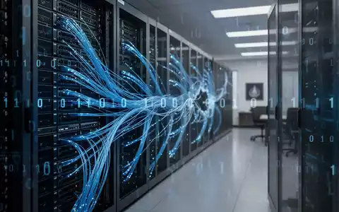 Serverraum mit leuchtenden Glasfaserkabeln und digitalem Datenstrom als Symbol für einen Cyberangriff auf Behördendaten. - Foto: über boerse-global.de