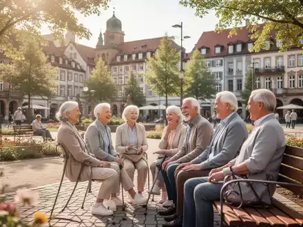 Senioren unterhalten sich auf einer Parkbank in einer gepflegten, barrierefreien Stadtlandschaft. - Foto: über boerse-global.de