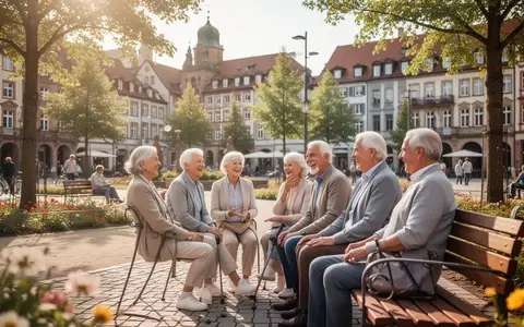 Senioren unterhalten sich auf einer Parkbank in einer gepflegten, barrierefreien Stadtlandschaft. - Foto: über boerse-global.de