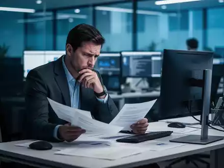 Ein frustrierter Büroangestellter betrachtet nachdenklich Dokumente an einem modernen Arbeitsplatz. - Foto: über boerse-global.de