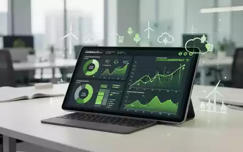 Tablet mit ESG-Datenvisualisierungen und CO2-Bilanzgrafiken auf einem modernen Büroschreibtisch. - Foto: über boerse-global.de