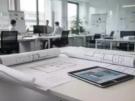 Ein moderner, heller Büroarbeitsplatz mit Bauplänen und einem Tablet als Symbol für die Ausbildungssituation. - Foto: über boerse-global.de