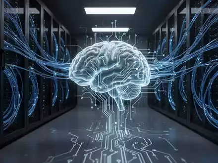Digitale Visualisierung einer KI-Sicherheitsarchitektur in einem Serverraum mit blau leuchtenden Datenströmen. - Foto: über boerse-global.de