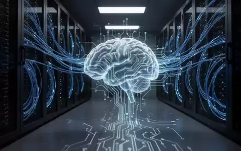 Digitale Visualisierung einer KI-Sicherheitsarchitektur in einem Serverraum mit blau leuchtenden Datenströmen. - Foto: über boerse-global.de