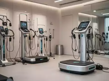 Modernes Fitnessstudio mit EMS-Geräten und Vibrationsplatte in einer professionellen, hellen Umgebung. - Foto: über boerse-global.de