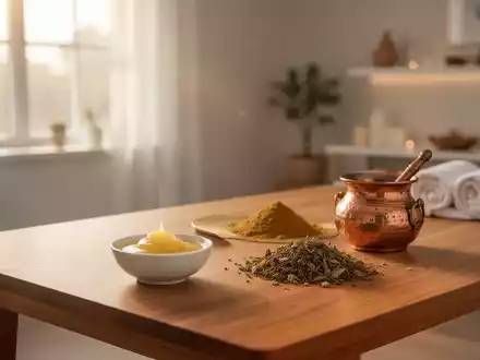 Ayurvedische Utensilien wie Ghee und KrĂ€uter auf einem Holztisch in einer ruhigen, klinischen Wellness-Umgebung. - Foto: ĂŒber boerse-global.de