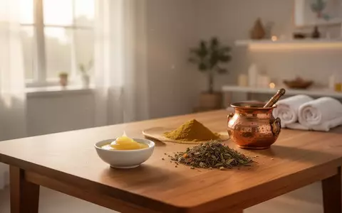 Ayurvedische Utensilien wie Ghee und Kräuter auf einem Holztisch in einer ruhigen, klinischen Wellness-Umgebung. - Foto: über boerse-global.de