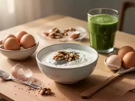 Eine Auswahl proteinreicher Frühstückszutaten wie Skyr, Nüsse, Chiasamen und ein grüner Smoothie auf einem Holztisch. - Foto: über boerse-global.de