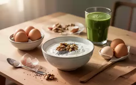 Eine Auswahl proteinreicher Frühstückszutaten wie Skyr, Nüsse, Chiasamen und ein grüner Smoothie auf einem Holztisch. - Foto: über boerse-global.de