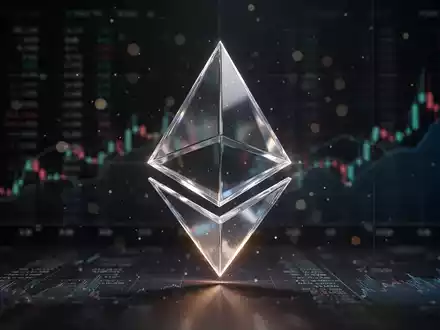 Leuchtendes, dreidimensionales Ethereum-Logo vor einem Hintergrund mit abstrakten Finanzdaten und Charts. - Foto: über boerse-global.de