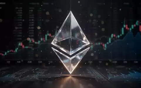 Leuchtendes, dreidimensionales Ethereum-Logo vor einem Hintergrund mit abstrakten Finanzdaten und Charts. - Foto: über boerse-global.de