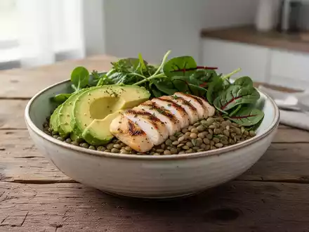 Eine gesunde Bowl mit gegrilltem Hähnchen, Avocado und Linsen auf einem Holztisch, professionell angerichtet. - Foto: über boerse-global.de