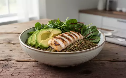 Eine gesunde Bowl mit gegrilltem Hähnchen, Avocado und Linsen auf einem Holztisch, professionell angerichtet. - Foto: über boerse-global.de