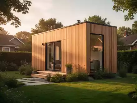 Modernes Tiny House in einem gepflegten Vorgarten bei Sonnenuntergang. - Foto: über boerse-global.de