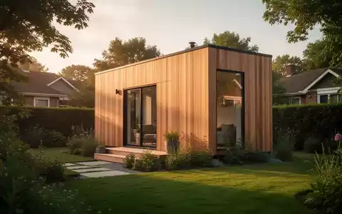 Modernes Tiny House in einem gepflegten Vorgarten bei Sonnenuntergang. - Foto: über boerse-global.de