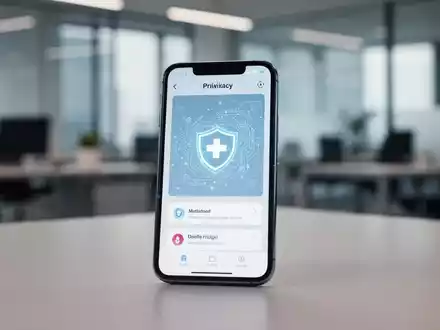 Ein Smartphone mit einer medizinischen App vor einem verschwommenen Bürohintergrund als Symbol für Datenschutz im Gesundheitswesen. - Foto: über boerse-global.de