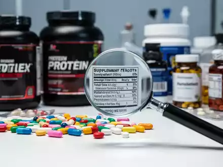 Laborumgebung mit Nahrungsergänzungsmitteln, Tabletten und Proteinbehältern unter einer Lupe auf einem Labortisch. - Foto: über boerse-global.de