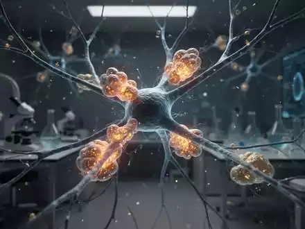 3D-Visualisierung von beschädigten Mitochondrien in einem menschlichen Neuron als medizinische Illustration zu Alzheimer. - Foto: über boerse-global.de