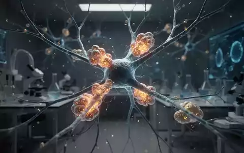 3D-Visualisierung von beschädigten Mitochondrien in einem menschlichen Neuron als medizinische Illustration zu Alzheimer. - Foto: über boerse-global.de