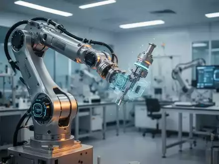 Ein hochmoderner Roboterarm in einem technologischen Laborumfeld, der die Verbindung von KI und Robotik symbolisiert. - Foto: über boerse-global.de