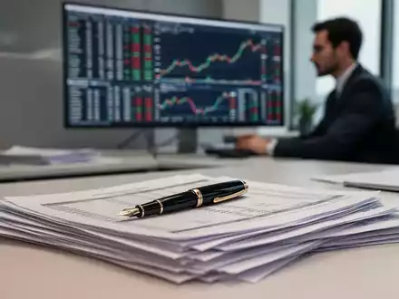 Ein moderner Schreibtisch mit Finanzdokumenten, einem Füllfederhalter und einem Bildschirm mit Wertpapierdaten. - Foto: über boerse-global.de