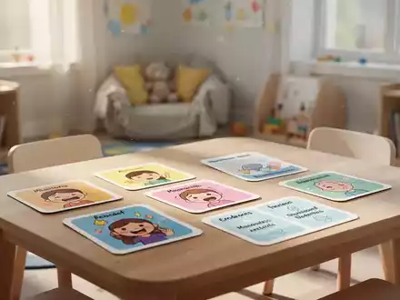 Bunte Bildkarten zur Entspannung und Gefühlsregulation auf einem Holztisch in einer hellen Kindertagesstätte. - Foto: über boerse-global.de