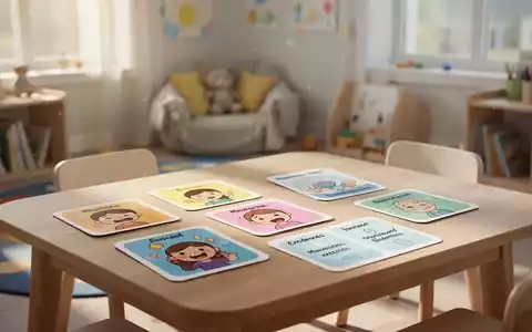 Bunte Bildkarten zur Entspannung und Gefühlsregulation auf einem Holztisch in einer hellen Kindertagesstätte. - Foto: über boerse-global.de