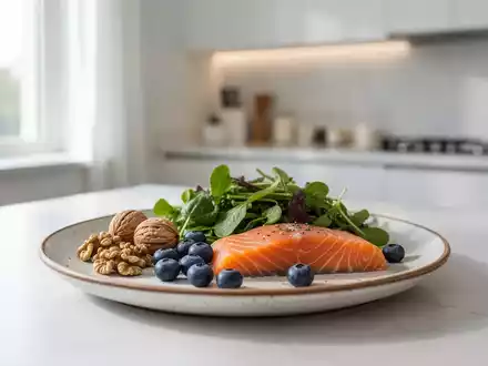 Gesunde Lebensmittel wie Nüsse, Beeren und Fisch auf einem minimalistischen Teller in einer hellen Küche. - Foto: über boerse-global.de