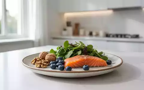 Gesunde Lebensmittel wie Nüsse, Beeren und Fisch auf einem minimalistischen Teller in einer hellen Küche. - Foto: über boerse-global.de