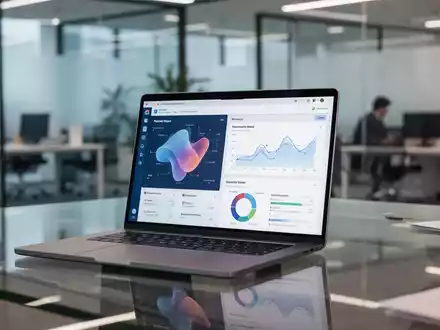 Moderner Büroarbeitsplatz mit einem Laptop, auf dem Datenvisualisierungen und Software-Oberflächen zu sehen sind. - Foto: über boerse-global.de