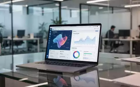 Moderner Büroarbeitsplatz mit einem Laptop, auf dem Datenvisualisierungen und Software-Oberflächen zu sehen sind. - Foto: über boerse-global.de