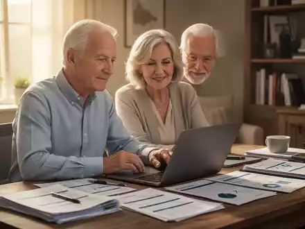 Ein älteres Paar sitzt an einem Schreibtisch mit Unterlagen und einem Laptop, um ihre Steuererklärung zu bearbeiten. - Foto: über boerse-global.de