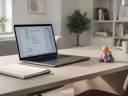 Modernes Homeoffice mit Laptop und einem Kinderspielzeug auf dem Schreibtisch als Symbol für die Vereinbarkeit von Familie und Beruf. - Foto: über boerse-global.de