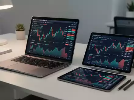 Moderner Arbeitsplatz mit Laptop und Tablet, das komplexe Finanzgrafiken und Marktdaten zur Altersvorsorge anzeigt. - Foto: über boerse-global.de
