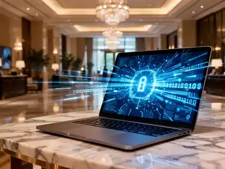 Ein Laptop in einem Hotel-Lobby-Ambiente mit abstrakten, leuchtenden Datenströmen als Symbol für IT-Sicherheitsrisiken. - Foto: über boerse-global.de