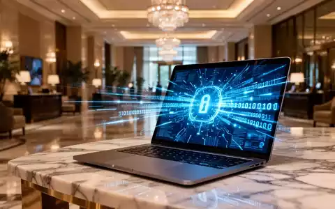 Ein Laptop in einem Hotel-Lobby-Ambiente mit abstrakten, leuchtenden Datenströmen als Symbol für IT-Sicherheitsrisiken. - Foto: über boerse-global.de