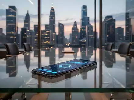 Schlankes Smartphone mit Finanzanalysen auf einem Konferenztisch mit Blick auf die Stadtsilhouette. - Foto: über boerse-global.de