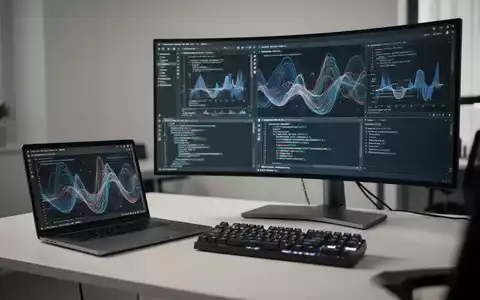 Moderner Arbeitsplatz mit High-End-Laptop und Monitor, die komplexen Softwarecode und Datenvisualisierungen anzeigen. - Foto: über boerse-global.de